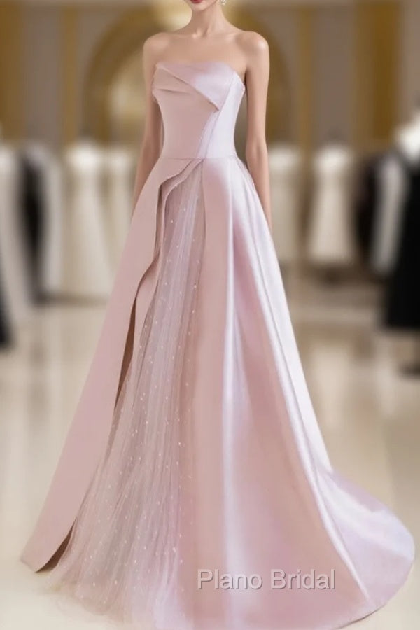 A-Line  Satin Tulle Pink Long Formal Prom Dresses, Pink Long Formal Dresses Main image
