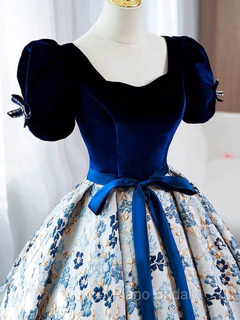 A-Line Satin Velvet Blue Long Formal Prom Dresses, Blue Long Formal Dresses Secondary image