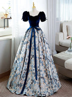 A-Line Satin Velvet Blue Long Formal Prom Dresses, Blue Long Formal Dresses