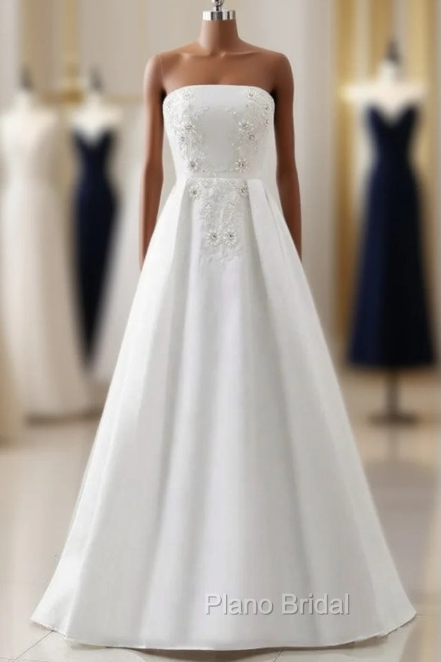 A-Line Satin White Strapless Appliques Beading Floor Length Wedding Dresses Main image
