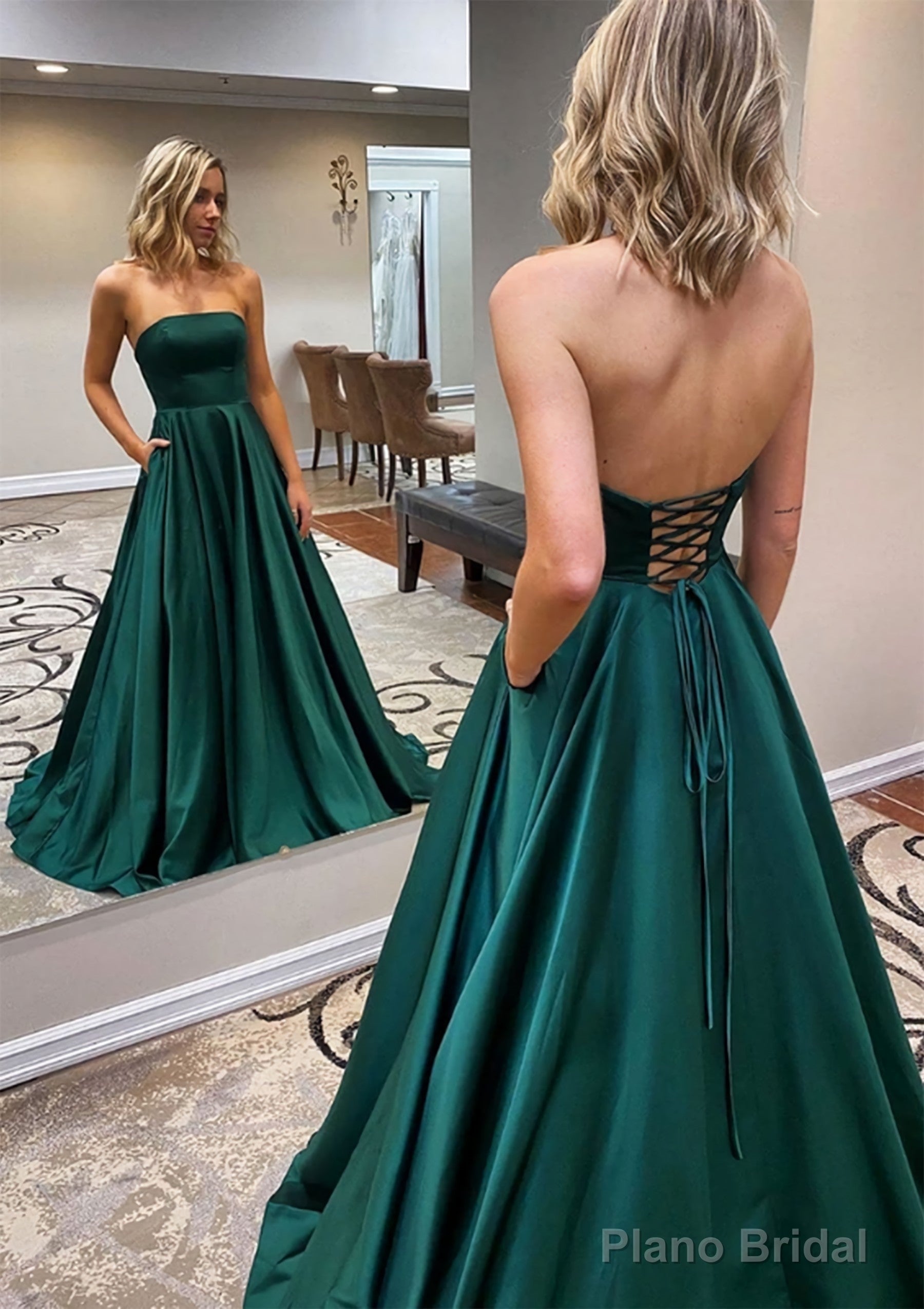 A-line Scalloped Neck Sweep Train Satin Prom Dresses With Pockets Main image