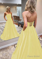A-line Scalloped Neck Sweep Train Satin Prom Dresses With Pockets