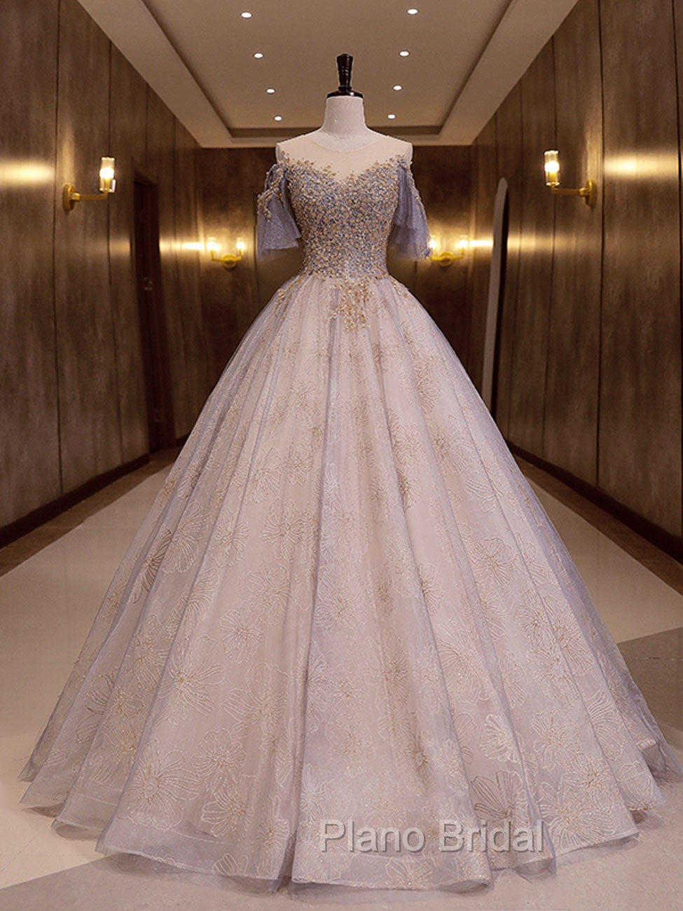 A-Line Scoop Neckline Gray Blue Long Formal Prom Dresses, Tulle Lace Long Evening Dresses Secondary image