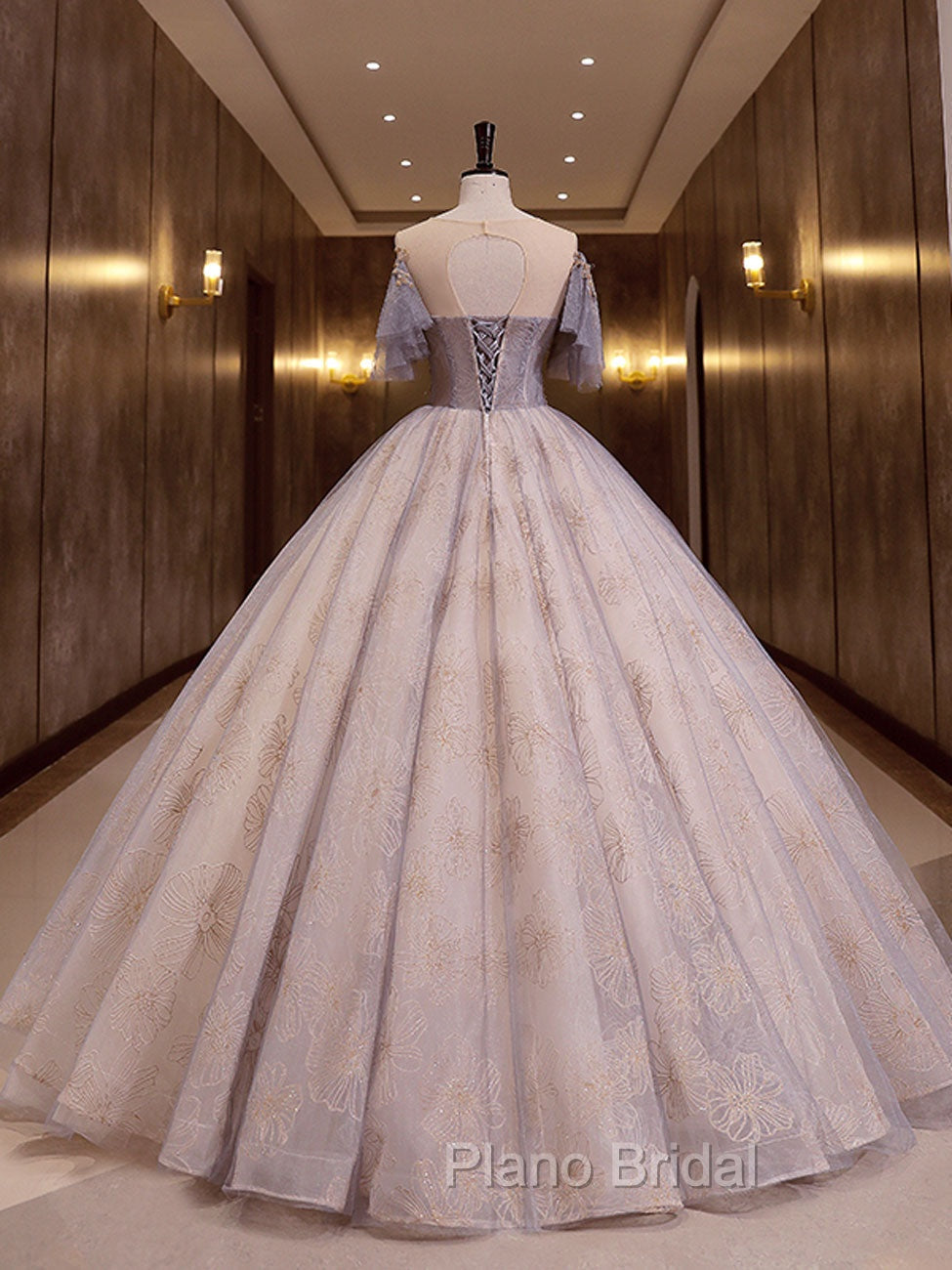 A-Line Scoop Neckline Gray Blue Long Formal Prom Dresses, Tulle Lace Long Evening Dresses