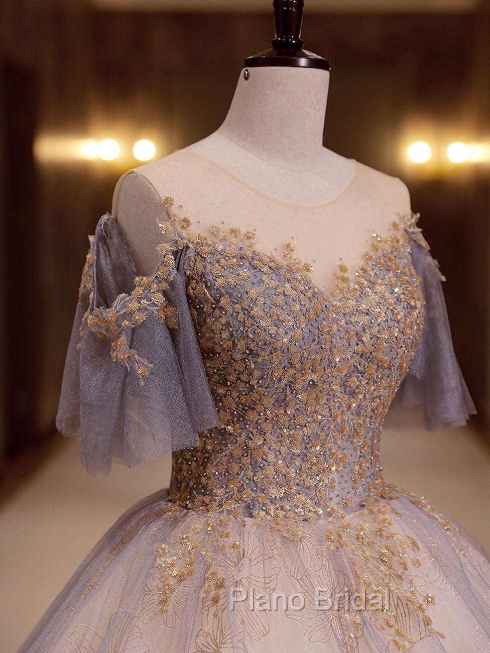 A-Line Scoop Neckline Gray Blue Long Formal Prom Dresses, Tulle Lace Long Evening Dresses