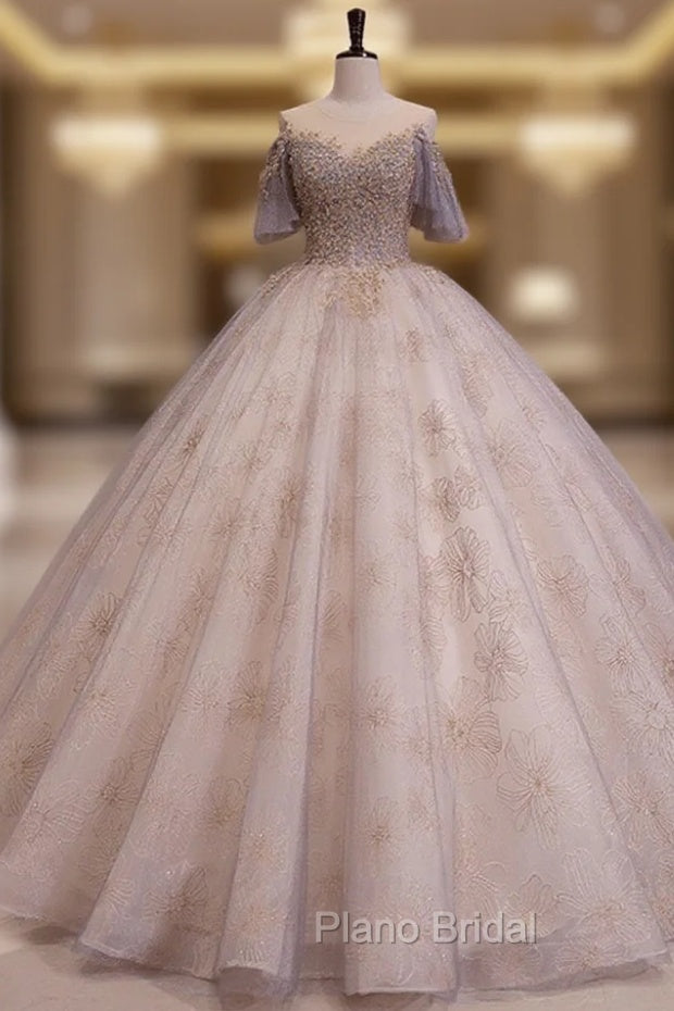 A-Line Scoop Neckline Gray Blue Long Formal Prom Dresses, Tulle Lace Long Evening Dresses