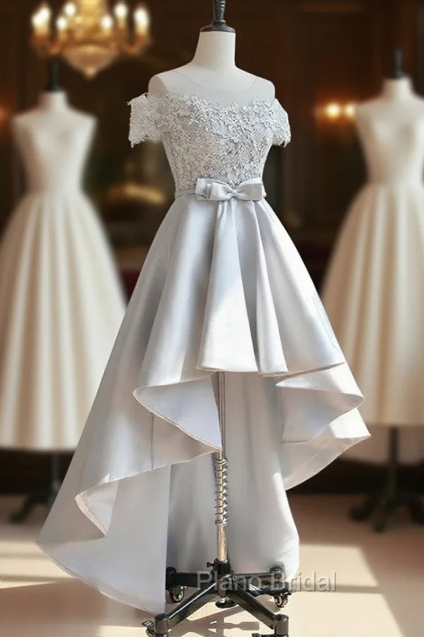 A-Line Scoop Neckline Lace Gray Formal Prom Dresses, High Low Style Satin Formal Dresses Secondary image