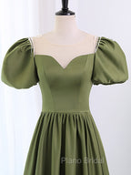 A-Line Scoop Neckline Puff Sleeves Satin Long Green Formal Prom Dresses, Green Formal Dresses
