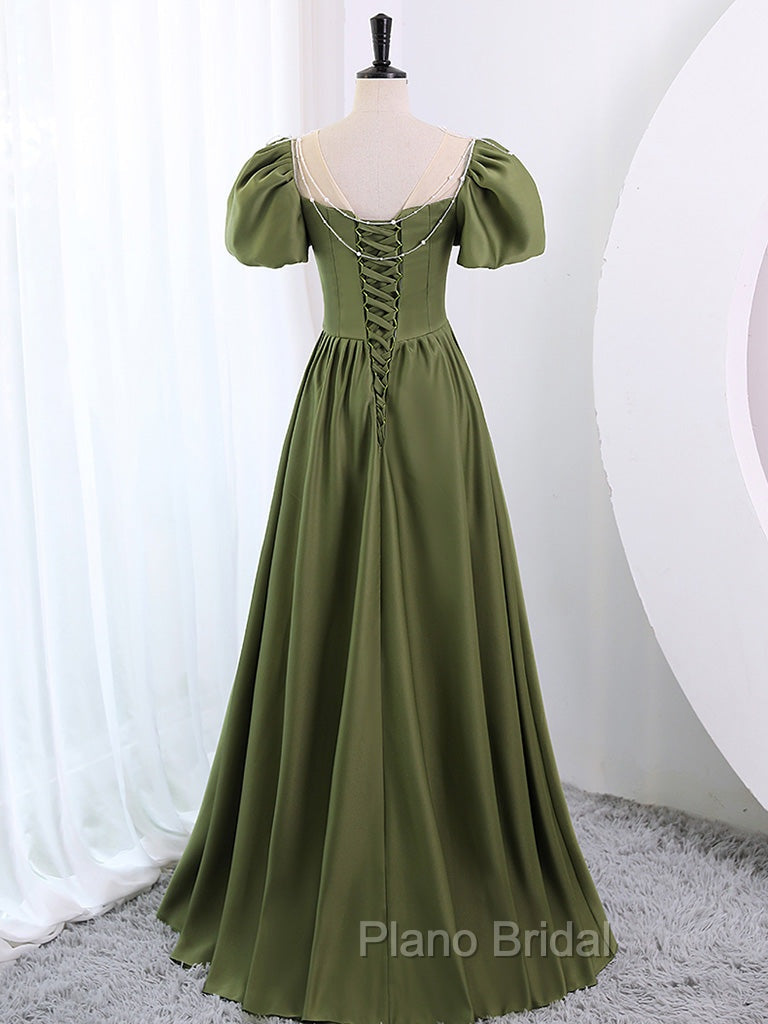 A-Line Scoop Neckline Puff Sleeves Satin Long Green Formal Prom Dresses, Green Formal Dresses
