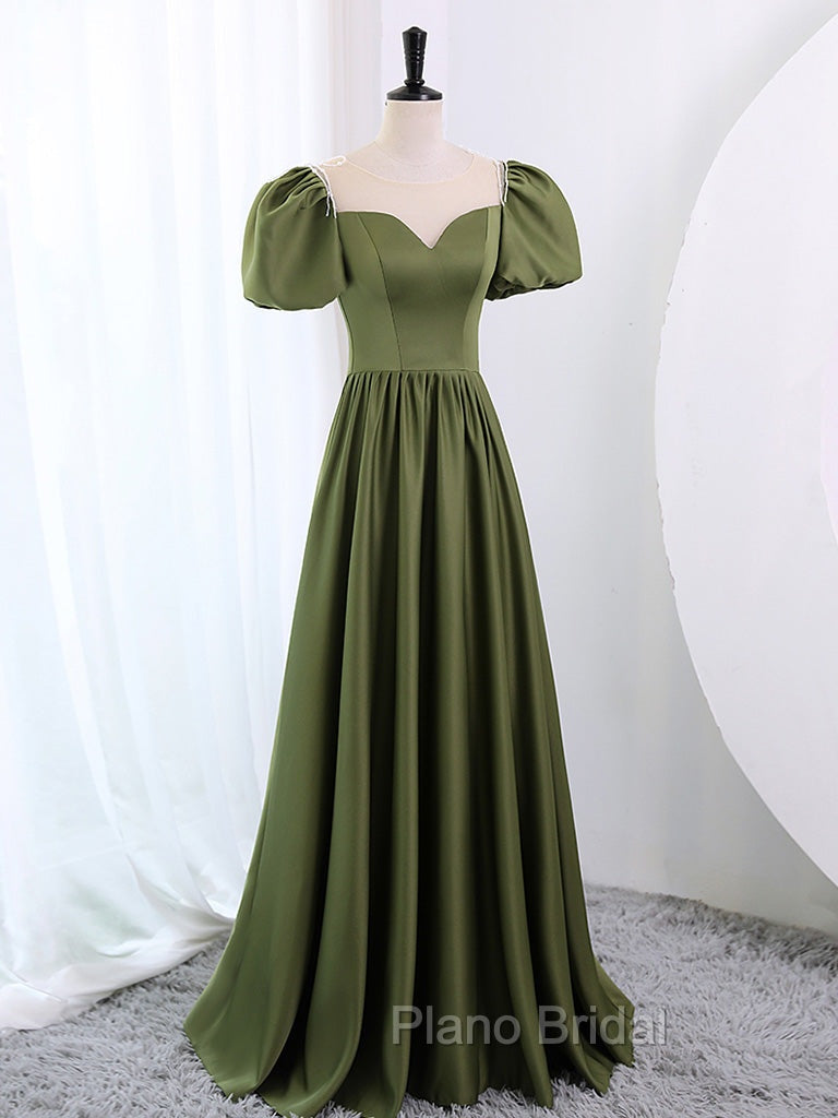 A-Line Scoop Neckline Puff Sleeves Satin Long Green Formal Prom Dresses, Green Formal Dresses
