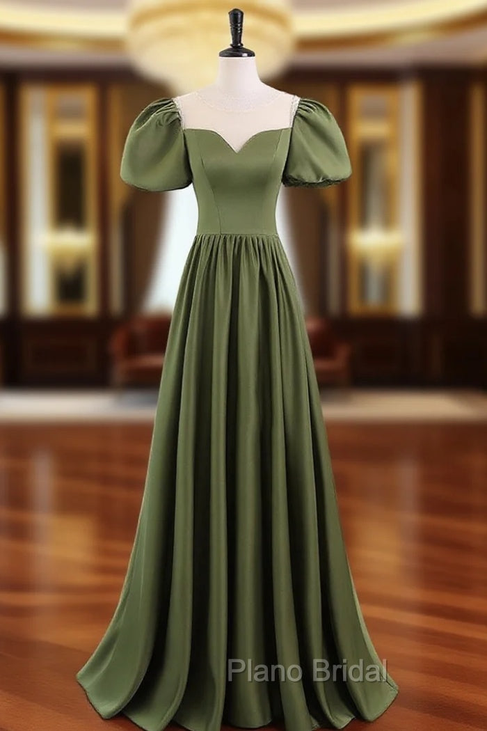 A-Line Scoop Neckline Puff Sleeves Satin Long Green Formal Prom Dresses, Green Formal Dresses