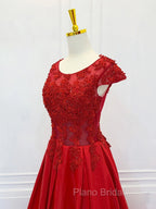 A-Line Scoop Neckline Satin Lace Burgundy Long Formal Prom Dresses, Burgundy Lace Long Formal Dresses