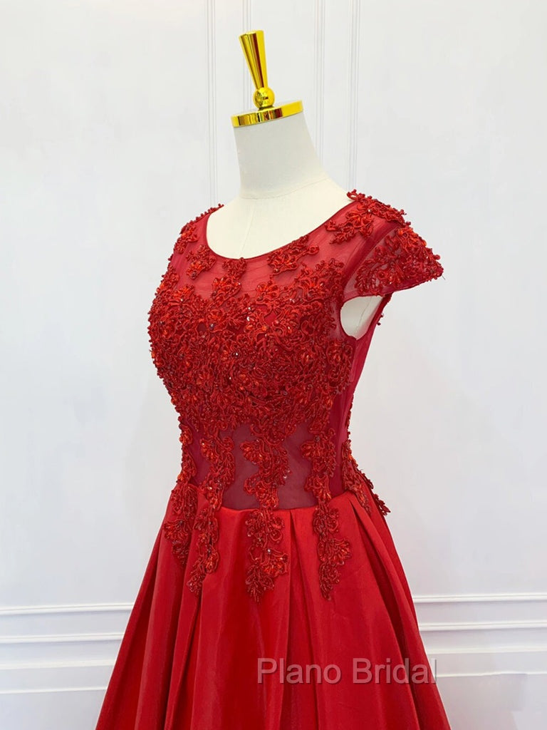 A-Line Scoop Neckline Satin Lace Burgundy Long Formal Prom Dresses, Burgundy Lace Long Formal Dresses