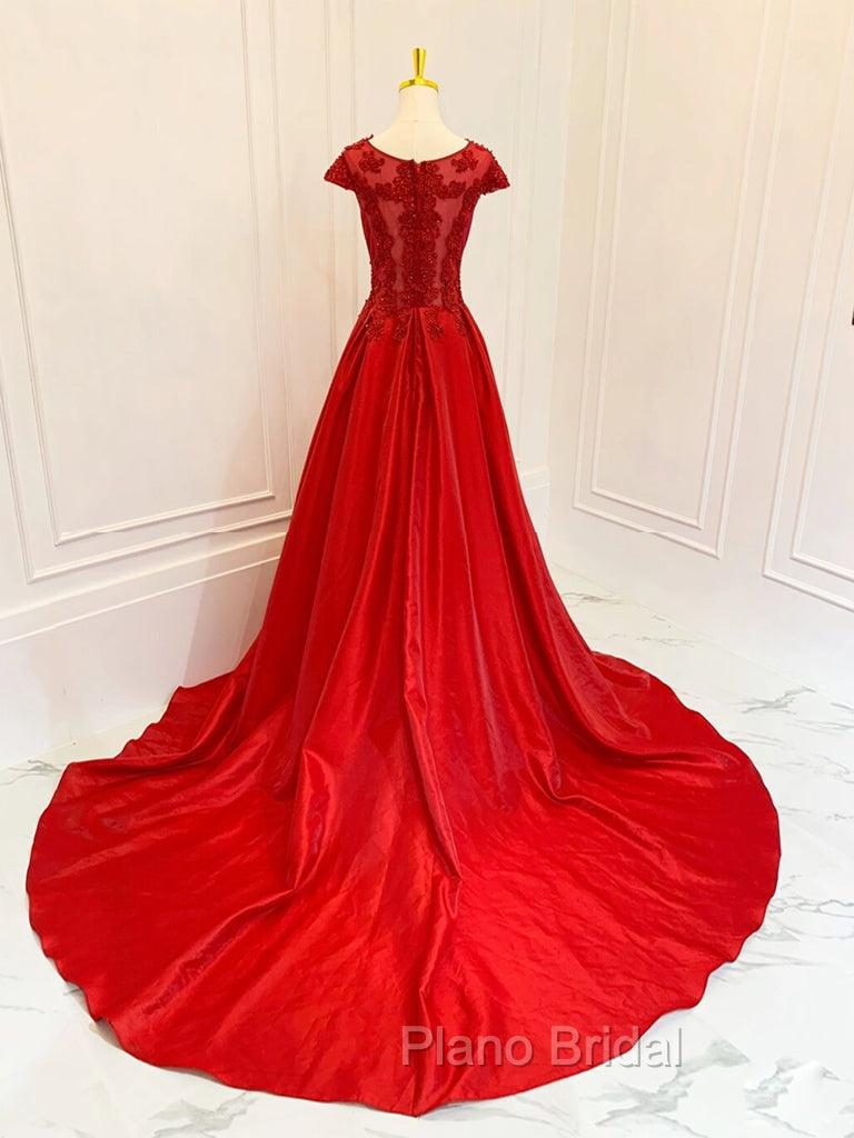 A-Line Scoop Neckline Satin Lace Burgundy Long Formal Prom Dresses, Burgundy Lace Long Formal Dresses