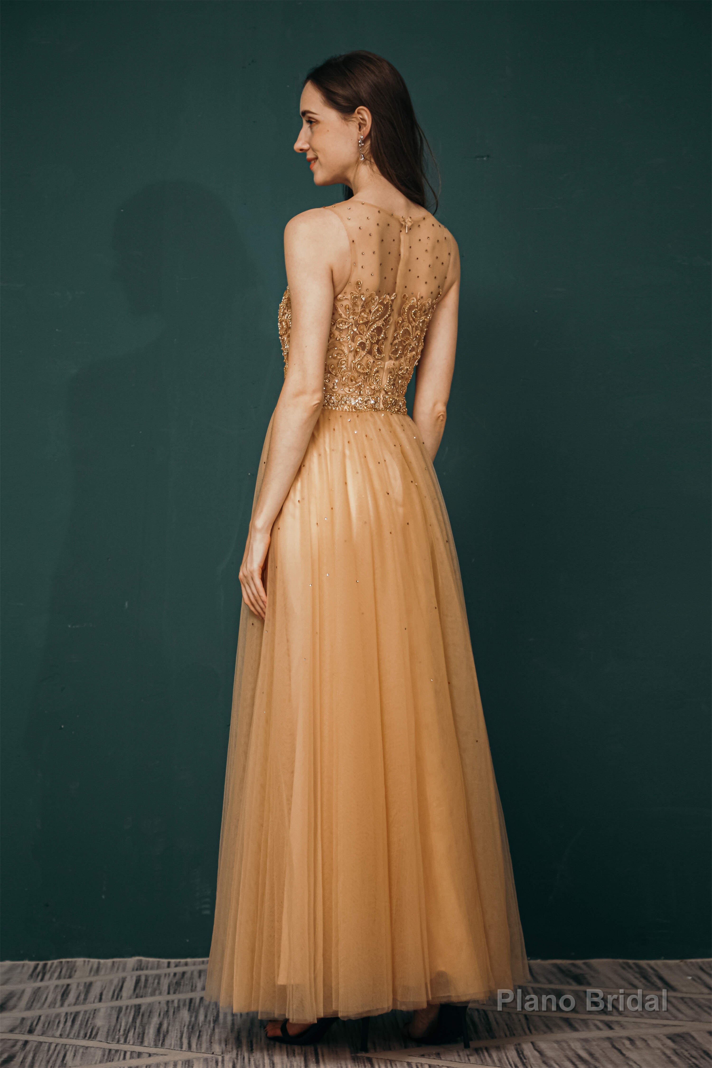 A-Line Scoop Neckline Sheer Appliques Beaded Ankle Length Prom Dresses