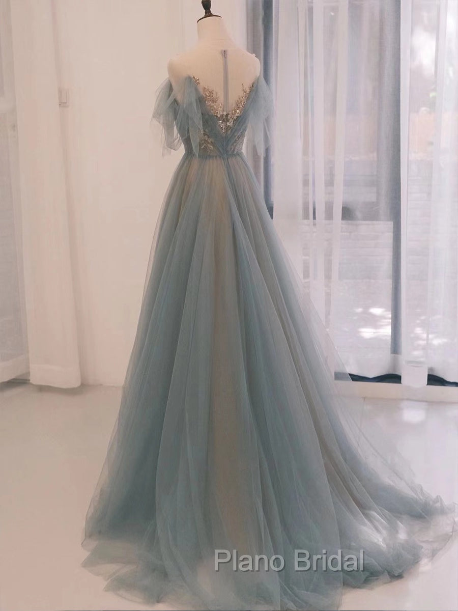 A-Line Scoop Neckline Tulle Gray Blue Long Formal Prom Dresses with Sequin Secondary image