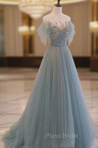 A-Line Scoop Neckline Tulle Gray Blue Long Formal Prom Dresses with Sequin