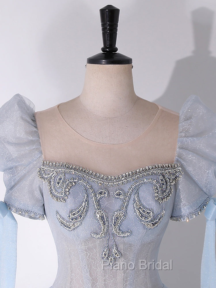 A-Line Scoop Neckline Tulle Light Blue Long Formal Prom Dresses with Beads Secondary image