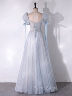 A-Line Scoop Neckline Tulle Light Blue Long Formal Prom Dresses with Beads