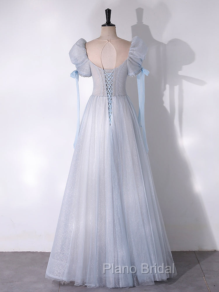 A-Line Scoop Neckline Tulle Light Blue Long Formal Prom Dresses with Beads