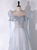 A-Line Scoop Neckline Tulle Light Blue Long Formal Prom Dresses with Beads