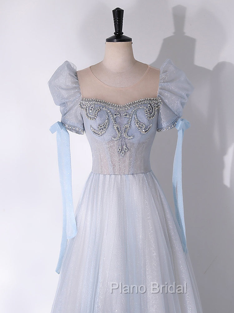 A-Line Scoop Neckline Tulle Light Blue Long Formal Prom Dresses with Beads