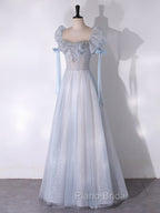 A-Line Scoop Neckline Tulle Light Blue Long Formal Prom Dresses with Beads