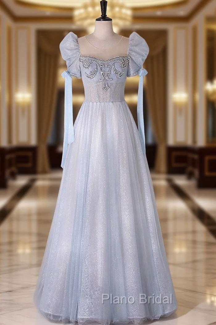 A-Line Scoop Neckline Tulle Light Blue Long Formal Prom Dresses with Beads Main image