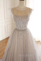 A-Line Scoop Neckline Tulle Long Formal Prom Dresses with Beaded, Evening Party Dresses