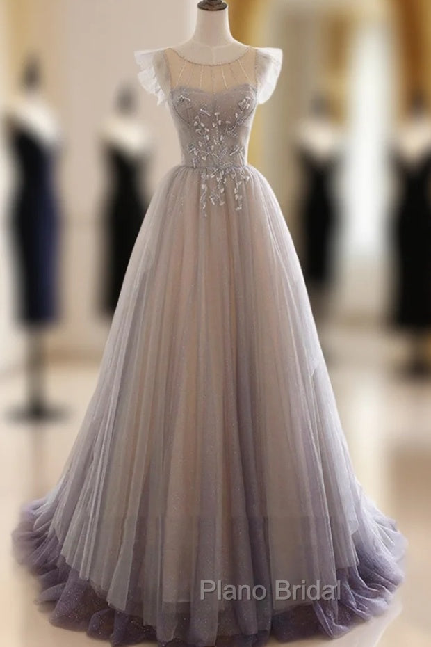 A-Line Scoop Neckline Tulle Long Formal Prom Dresses with Beaded, Evening Party Dresses Main image