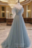 A-Line Scoop Neckline Tulle Long Formal Prom Dresses with Sequin
