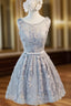 A-Line Scoop Sleeveless Short Silver Lace Homecoming Dresses with Appliques