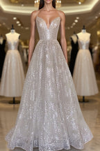 A line sequin long Formal Prom dress, Champagne sequin evening dress