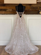 A line sequin long Formal Prom dress, Champagne sequin evening dress