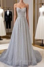 A-Line Sequins Long Formal Prom Dresses, Spaghetti Strap and Corset Evening Dresses