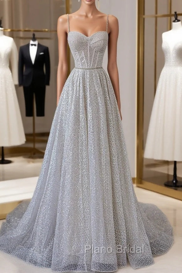 A-Line Sequins Long Formal Prom Dresses, Spaghetti Strap and Corset Evening Dresses