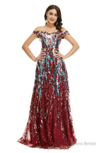 A Line Sequins Off the Shoulder Long Prom Dresses