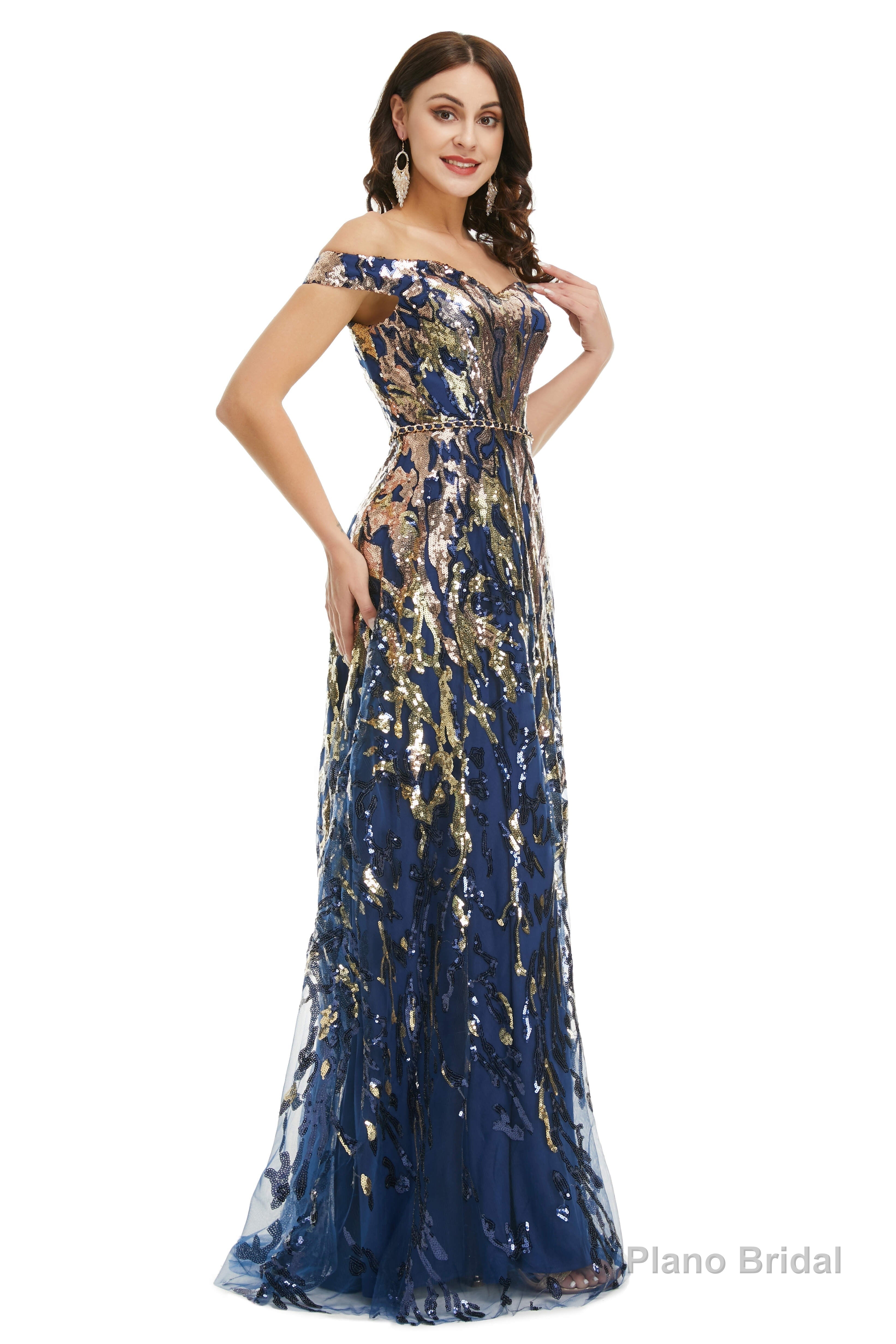 A Line Sequins Off the Shoulder Long Prom Dresses Main image