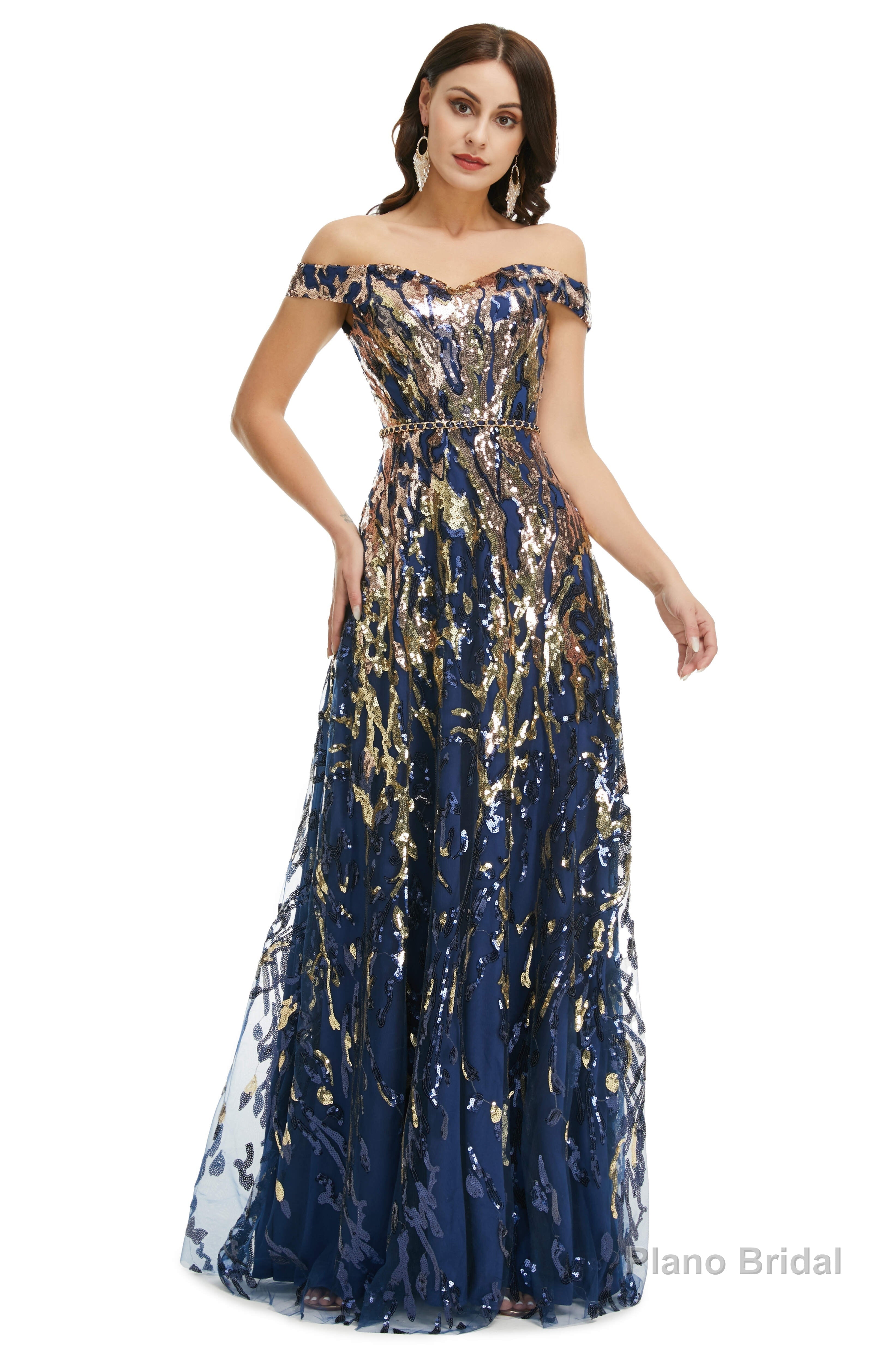 A Line Sequins Off the Shoulder Long Prom Dresses Secondary image