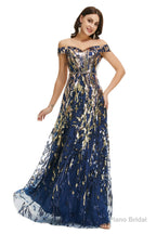 A Line Sequins Off the Shoulder Long Prom Dresses