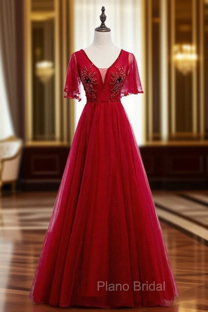 A-Line Sexy Burgundy Tulle V-neck Backless Beading Formal Prom Dresses Main image