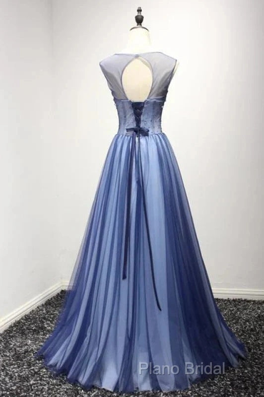 A Line Sheer Neck Rhinestones Long Tulle Formal Prom Dresses Floor Length Beautiful