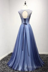 A Line Sheer Neck Rhinestones Long Tulle Formal Prom Dresses Floor Length Beautiful