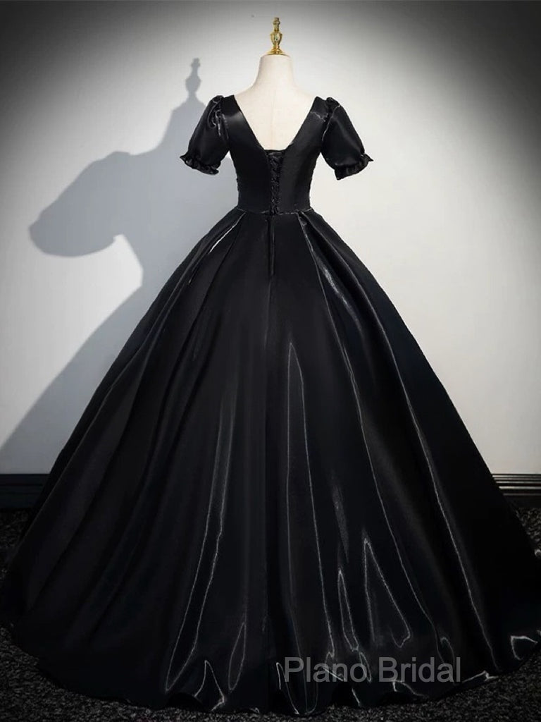 A-Line Short Sleeve Black Satin Long Formal Prom Dresses, Black Long Formal Dresses
