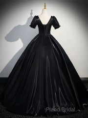 A-Line Short Sleeve Black Satin Long Formal Prom Dresses, Black Long Formal Dresses