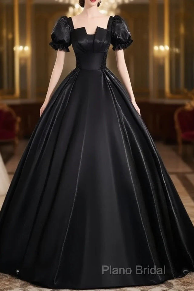 A-Line Short Sleeve Black Satin Long Formal Prom Dresses, Black Long Formal Dresses