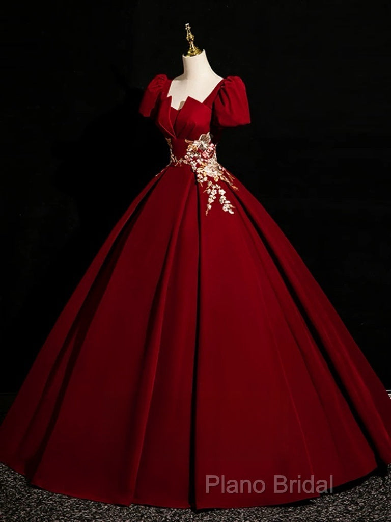 A-Line Short Sleeve Satin Lace Applique Burgundy Long Formal Prom Dresses