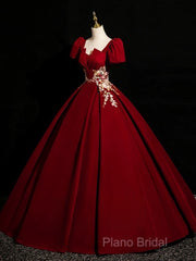 A-Line Short Sleeve Satin Lace Applique Burgundy Long Formal Prom Dresses