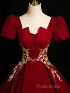 A-Line Short Sleeve Satin Lace Applique Burgundy Long Formal Prom Dresses