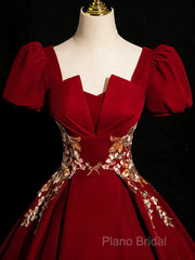 A-Line Short Sleeve Satin Lace Applique Burgundy Long Formal Prom Dresses